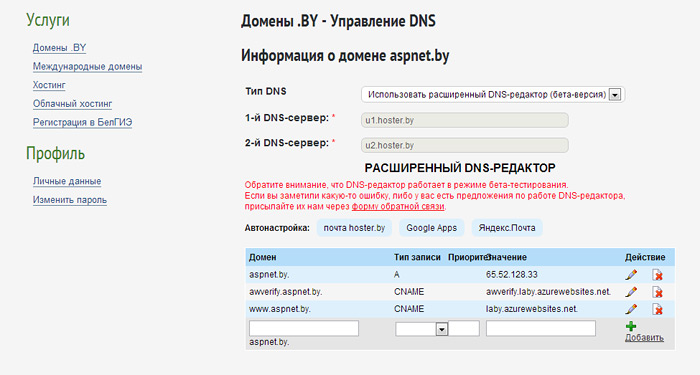 Расширенный DNS-редактор Hoster.by