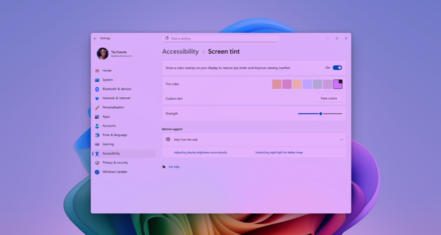 Функция Тонировка экрана (Screen tint) в Windows 11