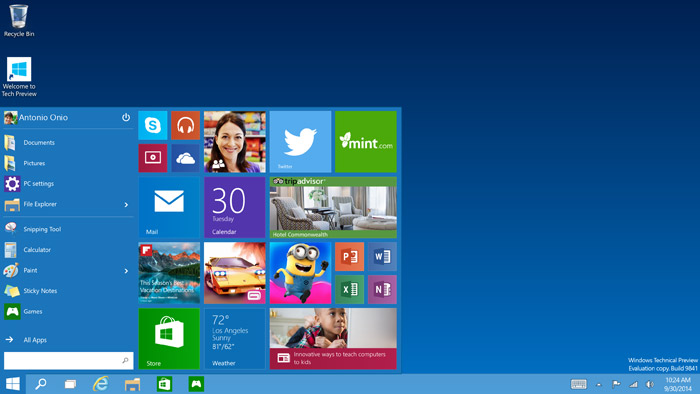 Windows 10. Стартовый экран.